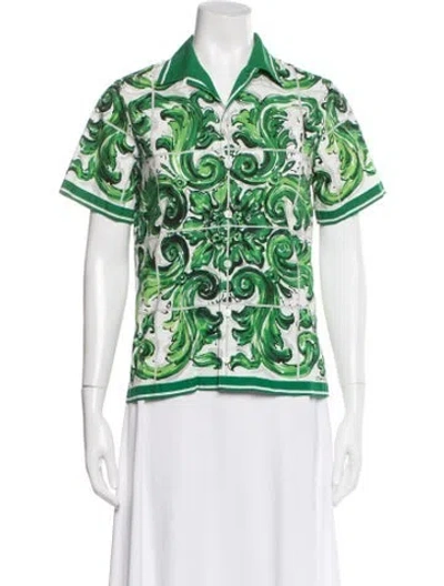 Pre-owned Dolce & Gabbana Printed Short Sleeve Button-up Top In Green