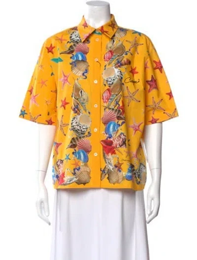 Pre-owned Dolce & Gabbana Printed Short Sleeve Button-up Top In Yellow