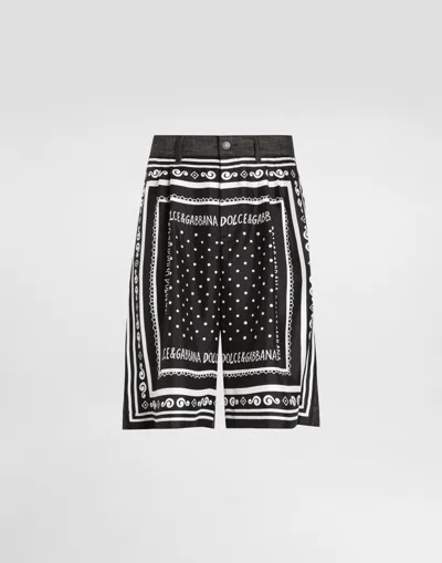 DOLCE & GABBANA PRINTED SILK AND DENIM SHORTS