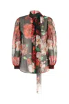 Dolce & Gabbana Shirt With Bow In Chiffon With Floral Print In Bouquetfioriantichifondonero
