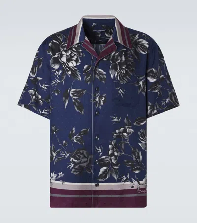 Dolce & Gabbana Printed Silk Bowling Shirt In Blue