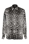 Dolce & Gabbana Grey Shirt With Leopard Print All-over And Logo Lettering In Silk Man In Animal Print