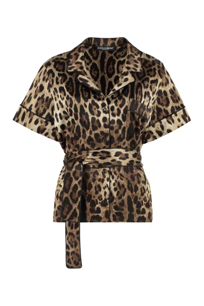 Dolce & Gabbana Leopard Print Silk Shirt In Brown