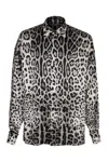 Dolce & Gabbana Grey Shirt With Leopard Print All-over And Logo Lettering In Silk Man In Animal Print