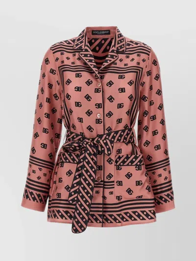 DOLCE & GABBANA PRINTED SILK SHIRT BELTED WAIST