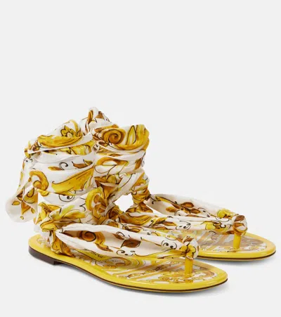 Dolce & Gabbana Capri Scarf Leather-trimmed Printed Twill Sandals In Yellow