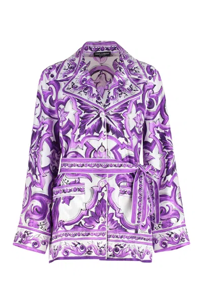 Dolce & Gabbana Printed Silk Twill Shirt With Belt And Side Slit Hem In Purple