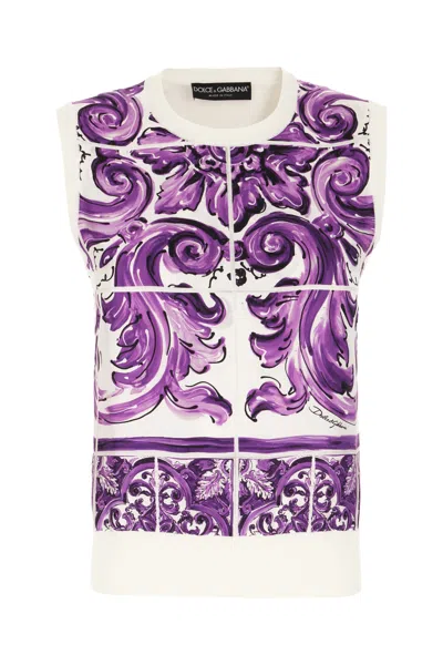 Dolce & Gabbana Silk Printed Crew Neck Vest In Purple