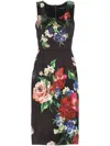 Dolce & Gabbana Floral Print Stretch Satin Dress In Black