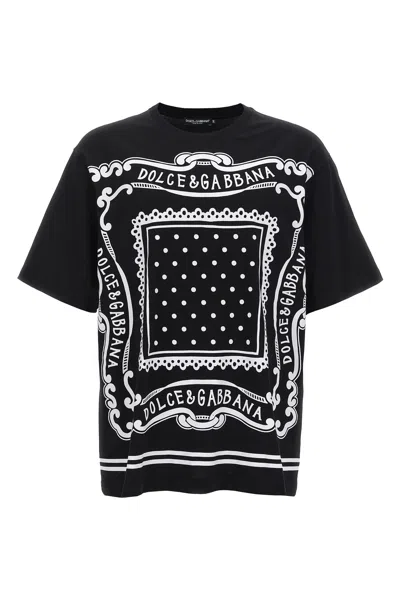 Dolce & Gabbana Men Black Crewneck T-shirt With Bandana Print All-over In Cotton Woman