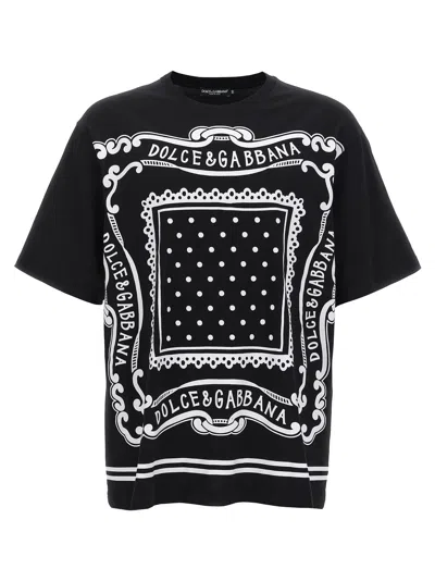 Dolce & Gabbana Men Black Crewneck T-shirt With Bandana Print All-over In Cotton Woman
