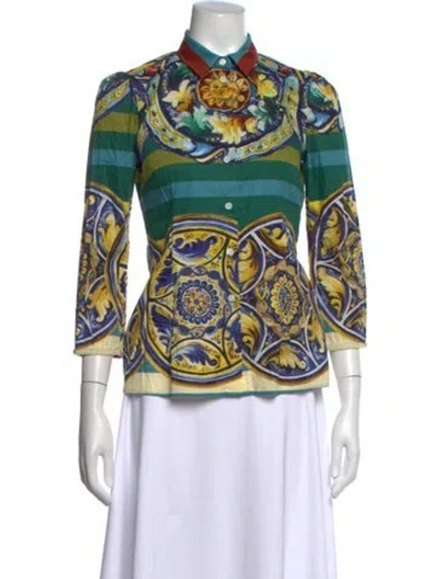 Pre-owned Dolce & Gabbana Printed Three-quarter Sleeve Blouse In Green