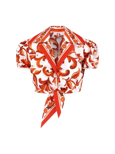 Dolce & Gabbana Printed Tie-front Puff Sleeve Crop Blouse In Red