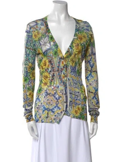 Pre-owned Dolce & Gabbana Printed V-neck Button-up Top In Green
