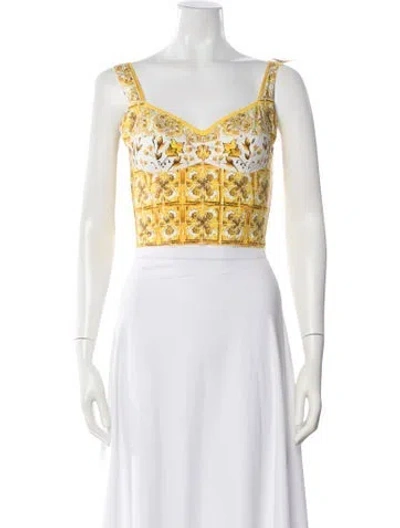 Pre-owned Dolce & Gabbana Printed V-neck Crop Top In Yellow
