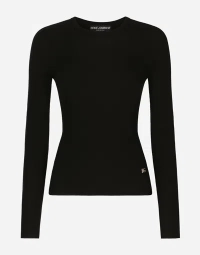 Dolce & Gabbana Ribbed Cashmere And Silk Sweater With Dg Logo In Black
