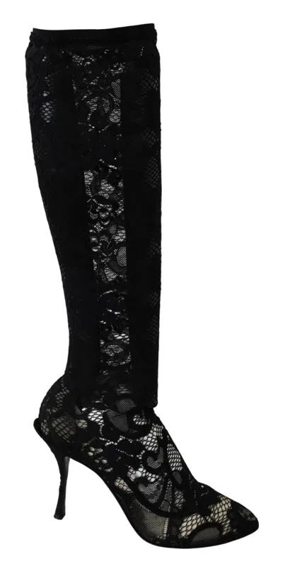 Pre-owned Dolce & Gabbana Pumps Black Taormina Lace Socks Boots Shoes Eu36 / Us5.5 $1300