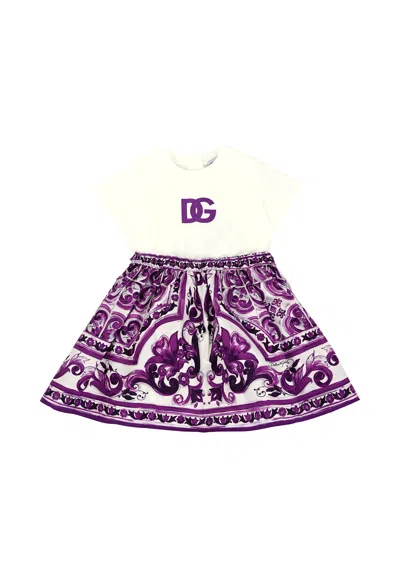 Dolce & Gabbana Purple Dress For Baby Girl With Majolica Print In White