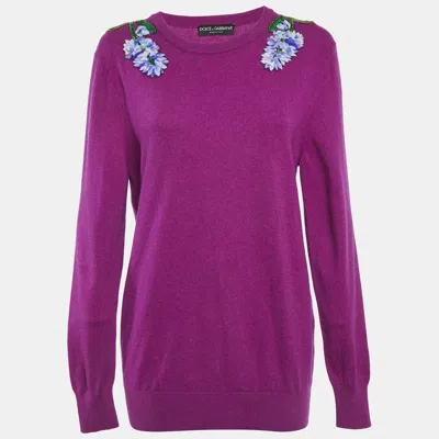 Pre-owned Dolce & Gabbana Purple Floral Applique Sweater M