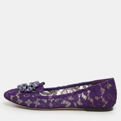 Pre-owned Dolce & Gabbana Purple Lace Crystal Embellished Taormina Ballet Flats Size 38