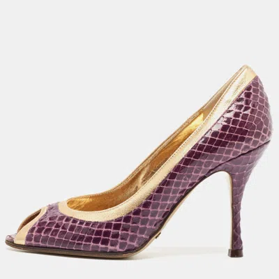 Pre-owned Dolce & Gabbana Purple Leather And Python Leather Peep Toe Pumps Size 35