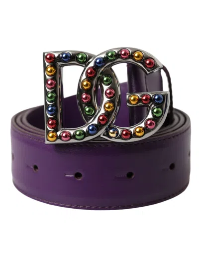 Dolce & Gabbana Purple Leather Dg Logo Studs Metal Buckle Belt