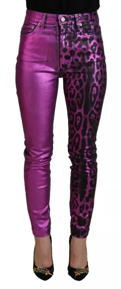 Pre-owned Dolce & Gabbana Purple Leopard Cotton Slim Fit Denim Women's Jeans ()