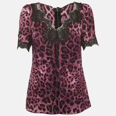 Pre-owned Dolce & Gabbana Purple Leopard Print Satin And Lace Trim Top S