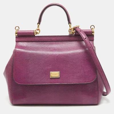 Pre-owned Dolce & Gabbana Purple Lizard Embossed Leather Medium Miss Sicily Top Handle Bag