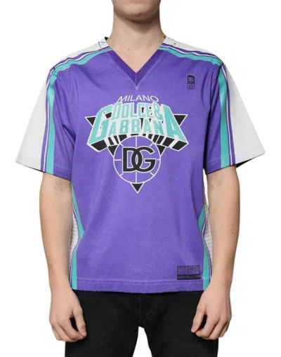 Dolce & Gabbana Purple Logo Jersey Cotton V-neck T-shirt In Multi