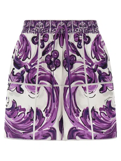 DOLCE & GABBANA PURPLE MAIOLICA PRINT COTTON SHORTS