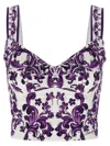 Dolce & Gabbana Violet Top With Sweetheart Neckline And All-over Graphic Print In Cotton Blend Woman In Purple