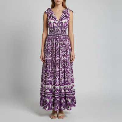Pre-owned Dolce & Gabbana Purple Majolica Print Poplin Shirring Maxi Dress M