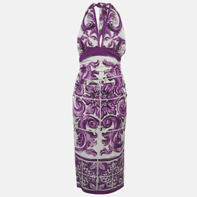 Pre-owned Dolce & Gabbana Purple Majolica Print Silk Halter Neck Dress M