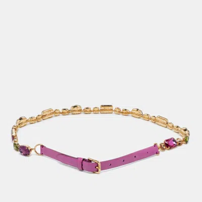 Pre-owned Dolce & Gabbana Purple Patent Leather Crystal Embellished Chain Waist Belt 80cm