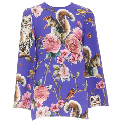 Pre-owned Dolce & Gabbana Dolce Gabbana Purple Pink Squirrel Floral Print Cropped Sleeve Tunic Top It38 Xs