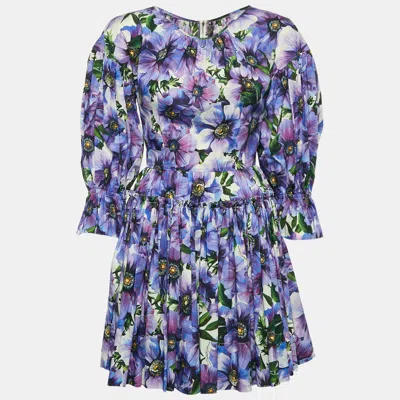 Pre-owned Dolce & Gabbana Purple Poppy Print Poplin Tiered Mini Dress M