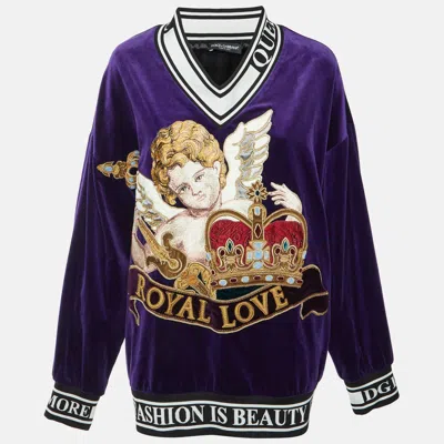 Pre-owned Dolce & Gabbana Purple Royal Love Embroidered Oversize Sweatshirt M