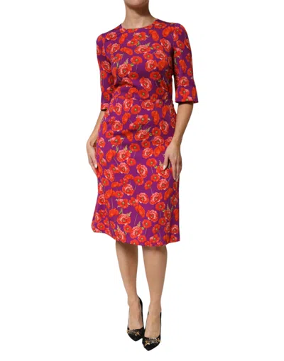 Dolce & Gabbana Purple Silk Floral Print Midi Sheath Women's Dress