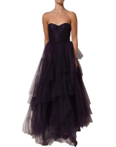 Dolce & Gabbana Purple Tiered Tulle Silk Long Gown Women's Dress In Multi