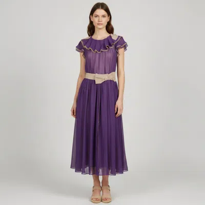 Pre-owned Dolce & Gabbana Purple/beige Chiffon Flared Midi Dress M
