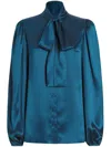 Dolce & Gabbana Silk Satin Shirt With Pussy-bow In Blue