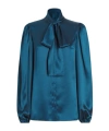 Dolce & Gabbana Silk Satin Shirt With Pussy-bow In Blue