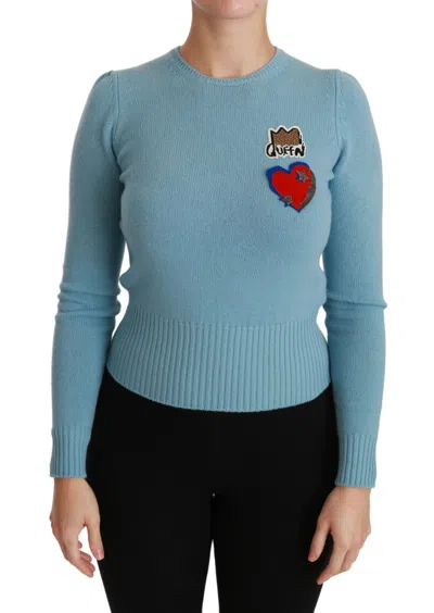 Dolce & Gabbana Queen Heart Beaded Wool Women's Sweater In Blue