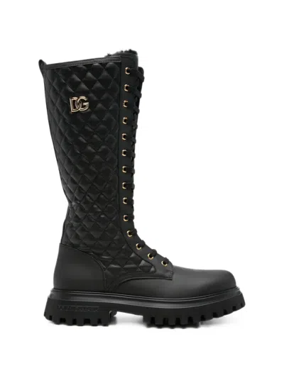 Dolce & Gabbana Kids' Quilted Lace-up Boots In Black