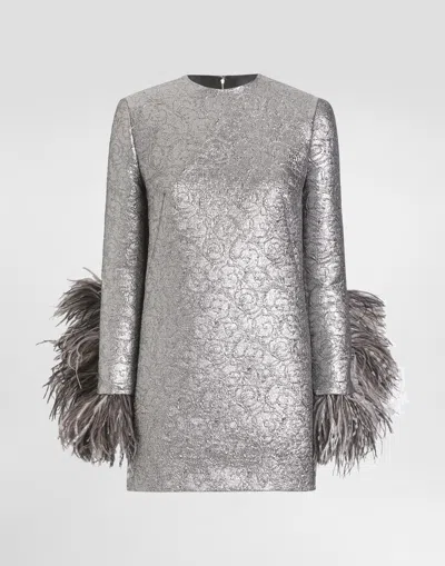 DOLCE & GABBANA QUILTED LAMÉ JACQUARD SACK MINIDRESS WITH FEATHERED CUFFS