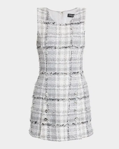 DOLCE & GABBANA RACHEL BUTTON-FRONT CHECK EYELASH TWEED MINI DRESS