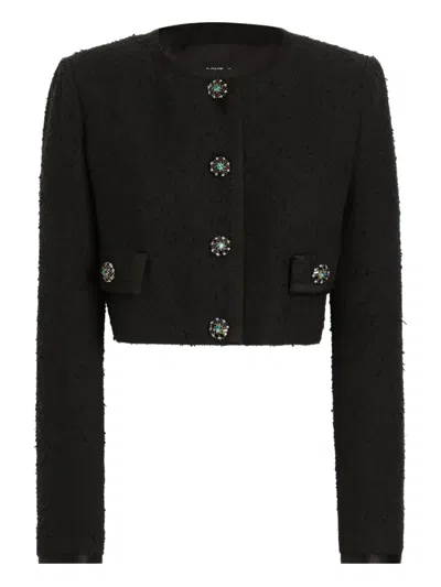 Dolce & Gabbana Crystal Button Boucle Crop Collarless Jacket In Black