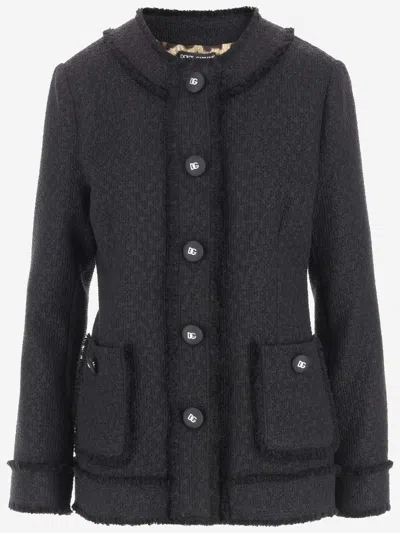 Dolce & Gabbana Black Single-breasted Jacket With Branded Button In Tweed Woman