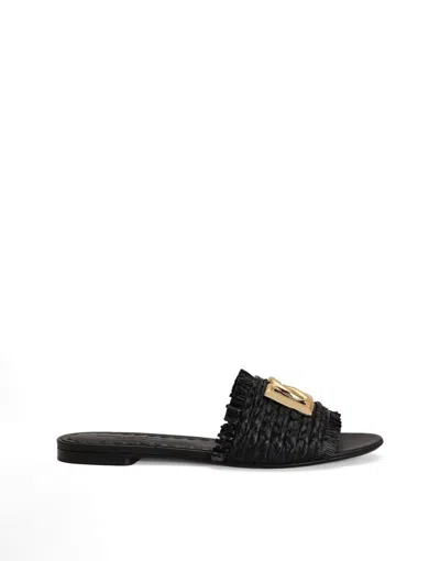 Dolce & Gabbana Raf Leather Flat Slides In Black